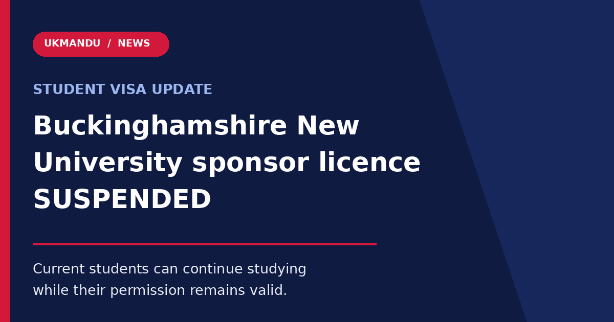 UKMandu student news graphic: Buckinghamshire New University student sponsor licence suspended