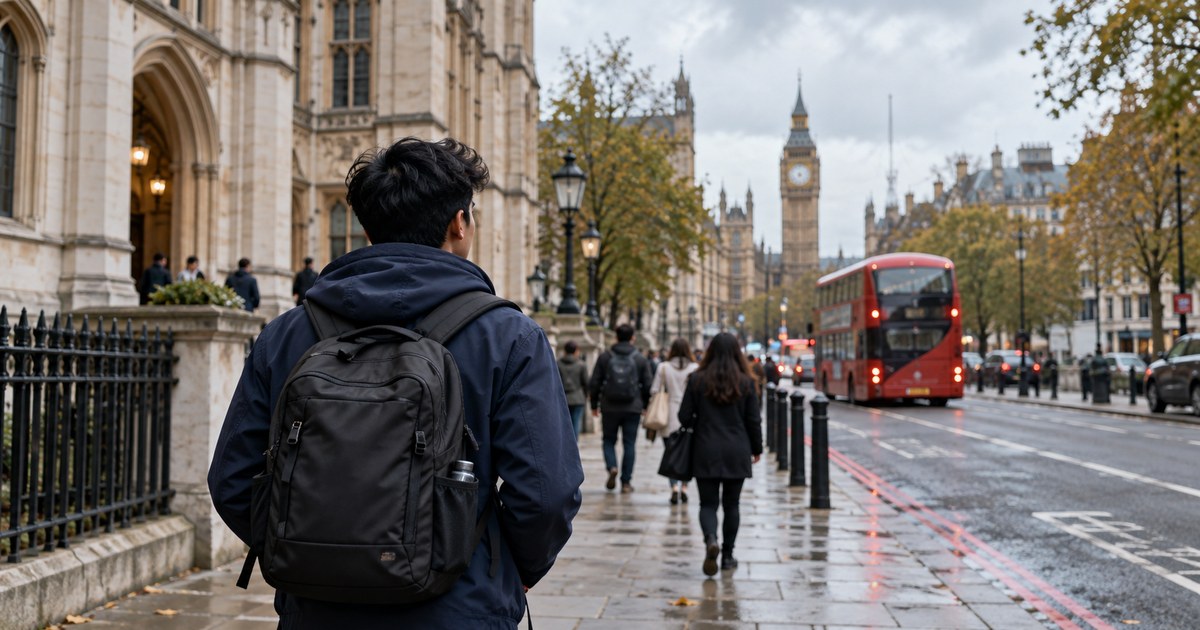 Illustrative image of a student walking in London on a rainy day